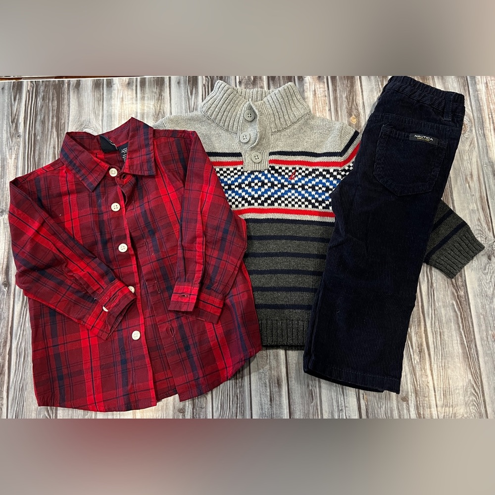 Nautica 12 month 3 piece set. Sweater, button up shirt and navy corduroy